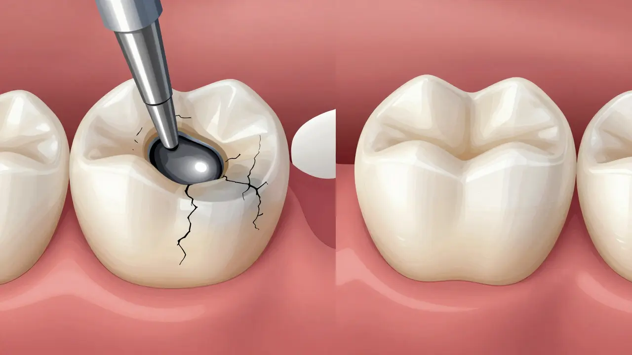 Comparison of worn amalgam filling versus seamless composite inlay in a tooth.