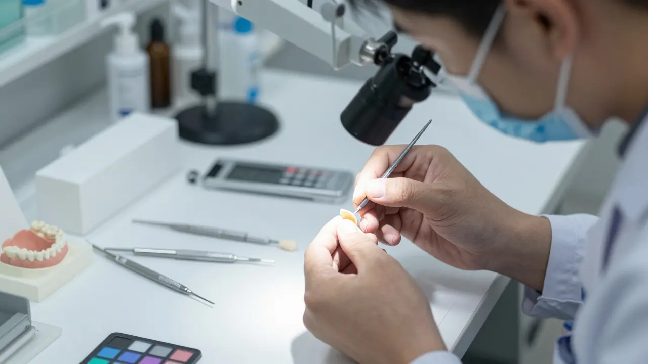 Dentální technik v laboratoři vyrábí keramickou fazetu s přesnými barvovými odstíny.