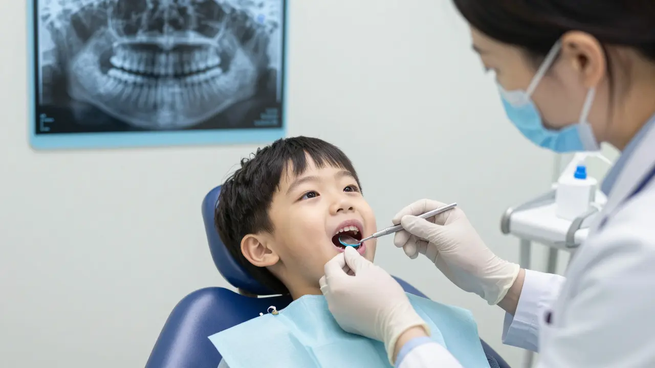 Dítě u zubního lékaře, na zdi rentgenový snímek s vyrůstajícími trvalými zuby.