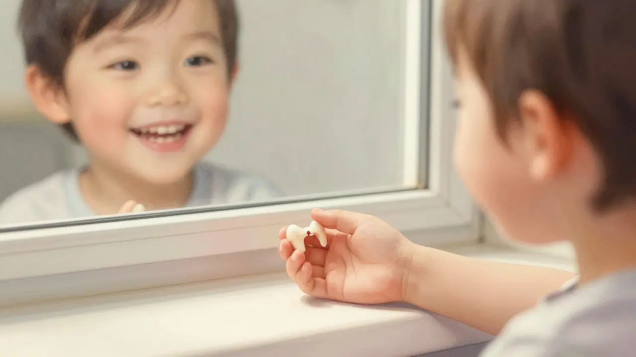 Dítěti padl zub vedle zrcadla, které odráží dospělý úsměv se stejnou mezerou.