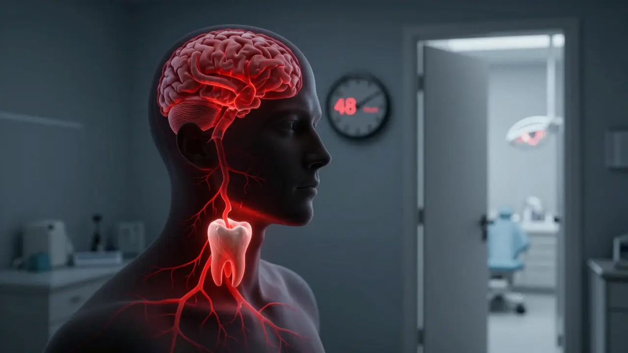 Infekce šířící se z zubu do čelisti a mozku, hodiny ukazují 48 hodin, dveře zubní kliniky otevřené ve stínu.