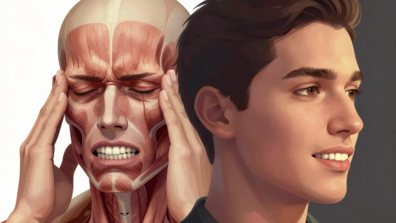 Kontrast mezi nesprávně zarovnanými zuby s bolestí hlavy a správně zarovnanými zuby s klidnou tváří.