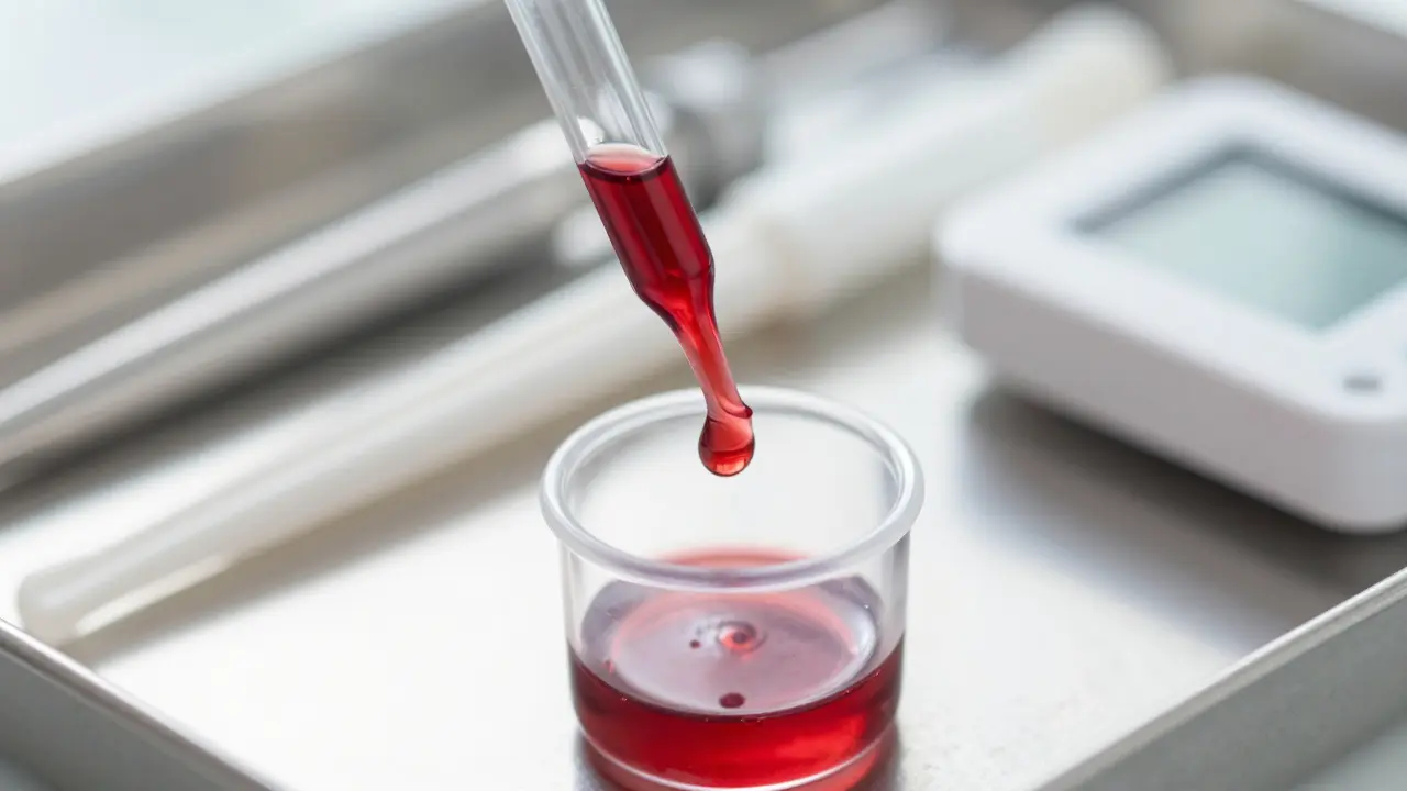 Krevní vzorek v laboratoři pod světlem pro analýzu.