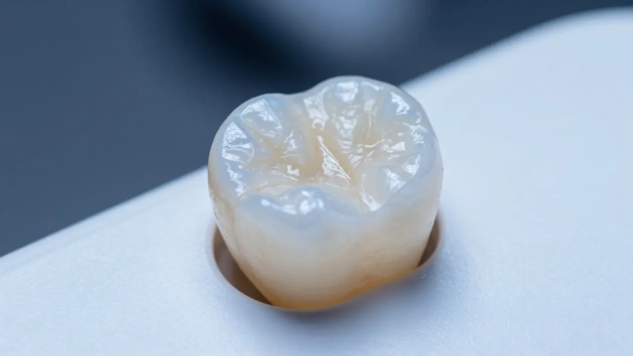 Makro záběr keramické facety propoušťující světlo na bílém povrchu.