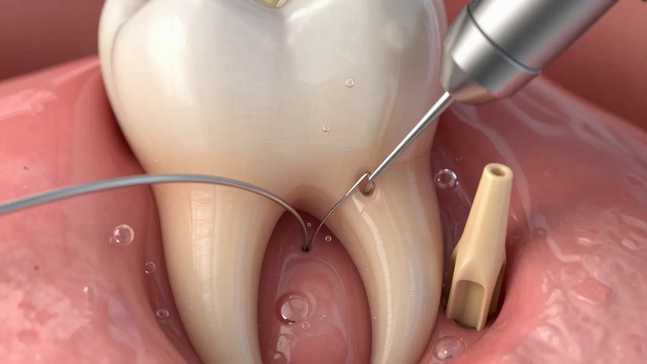 Makro záběr vnitřku zubního kanálku s tenkými nástroji a tekutinou