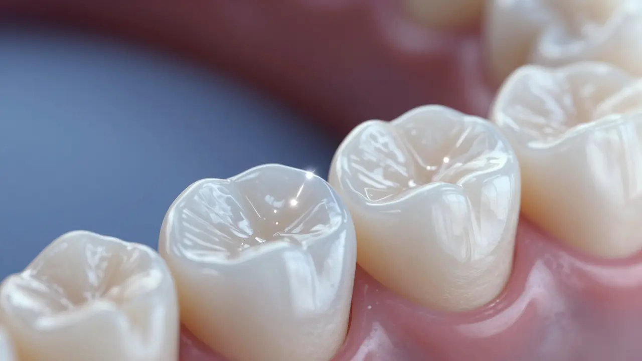 Mikroskopický pohled na tenkou keramickou fazetu přilepenou na zubní email s přirozeným odrazem světla.