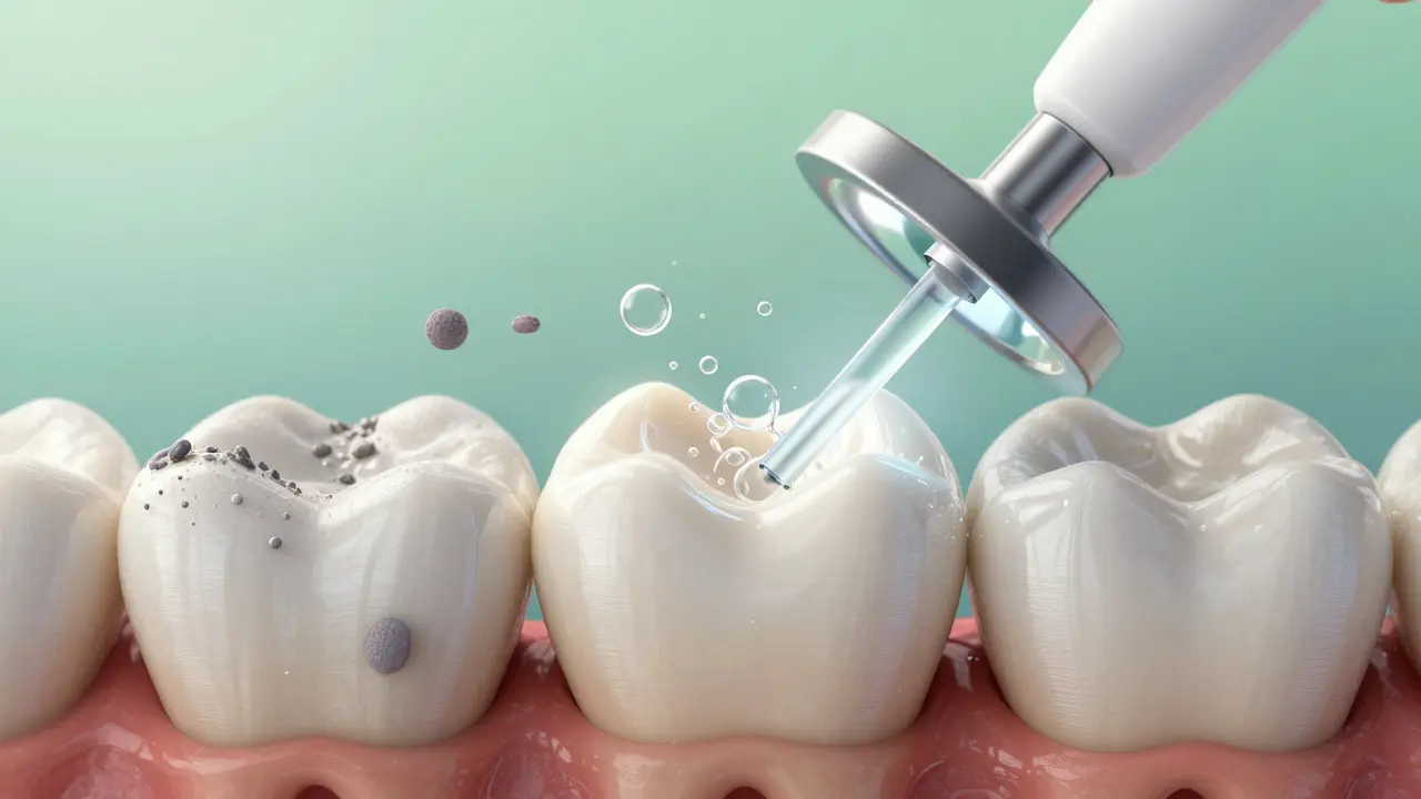 Mikroskopický pohled na zubní kámen, jak se rozpadá pod vlivem ultrazvukových vln a bublin.