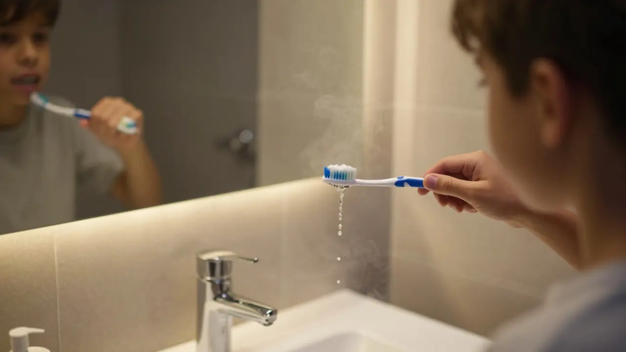 Mladý člověk pečlivě čistí rovnátka pod čtyřicetipětstupňovým úhlem v koupelně.