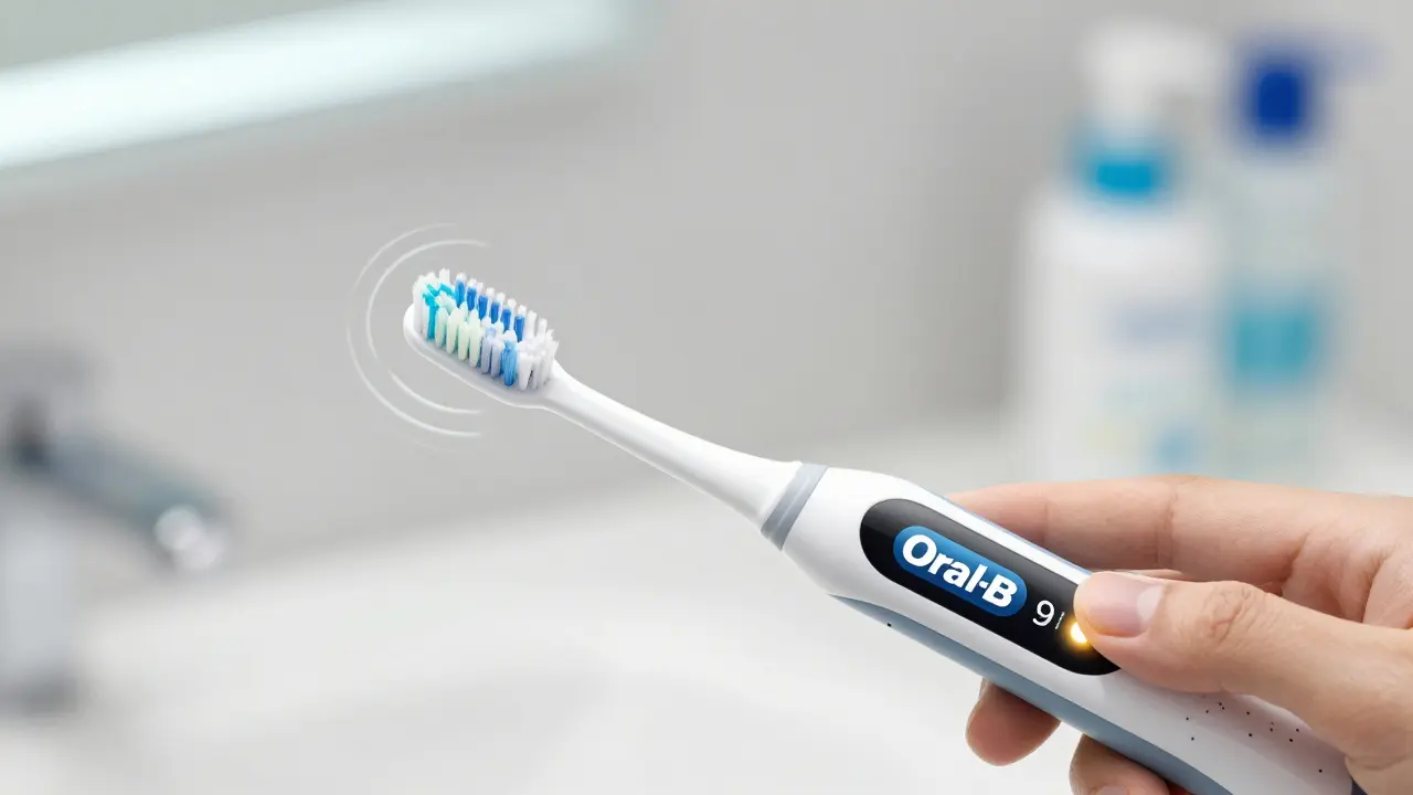 Oral-B iO Series 9 s displejem zobrazujícím oblasti čištění a indikátorem tlaku.