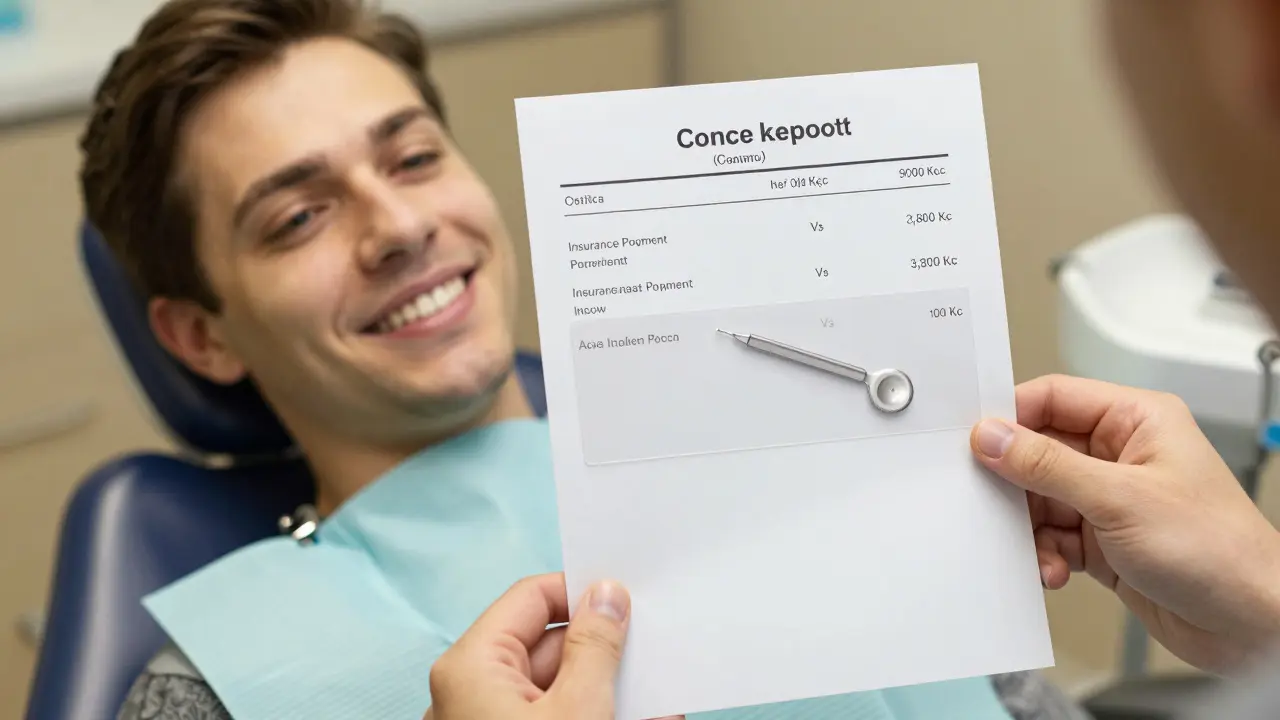 Patient reviewing cost breakdown for dental inlay with insurance vs. out-of-pocket costs.