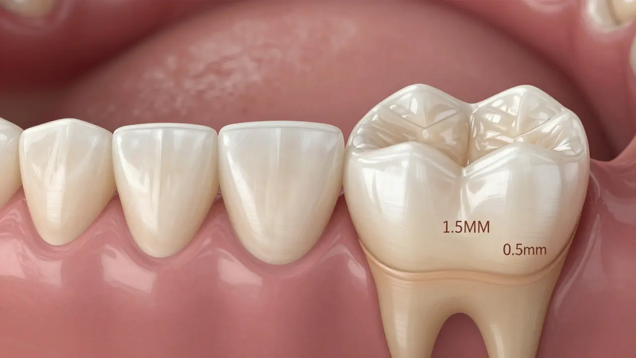 Porovnání tenké fazety a plné korunky na zubu, ukazující rozdílné množství odstraněného zubního materiálu.