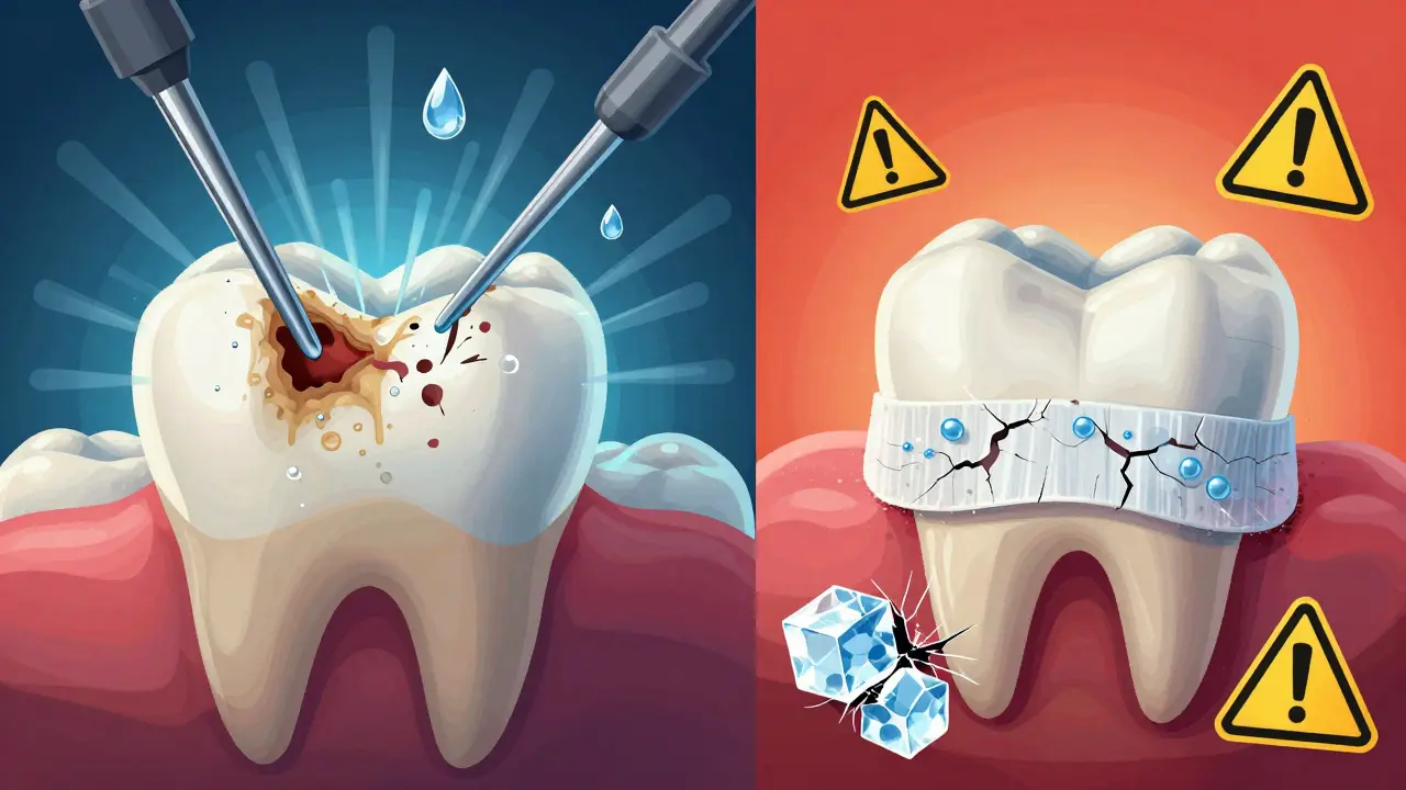 Porovnání ultrazvukového čištění a bělicích pásek: čistý zub vs. poškozený zub s chemickými bublinami.