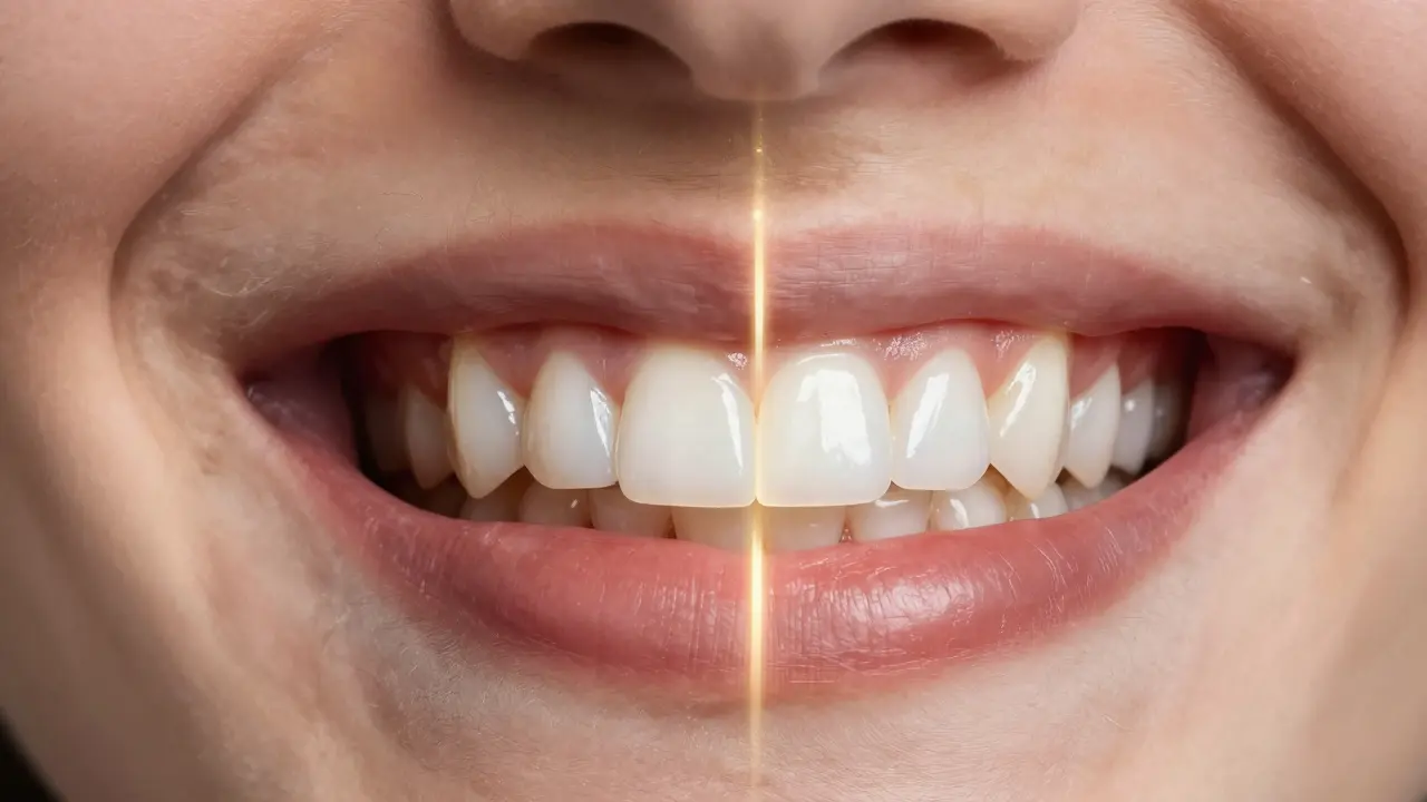 Před a po: zuby s poškozením a zbarvením naproti dokonalým, přirozeně vypadajícím zubům s fazetami.