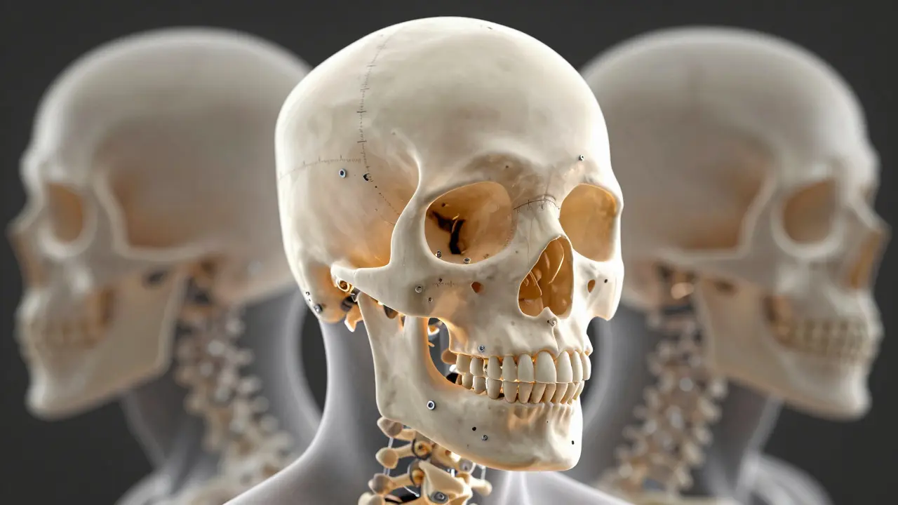 Přesná rekonstrukce čelistí v kostce s kovovými deskami, symbolizující funkční opravu.