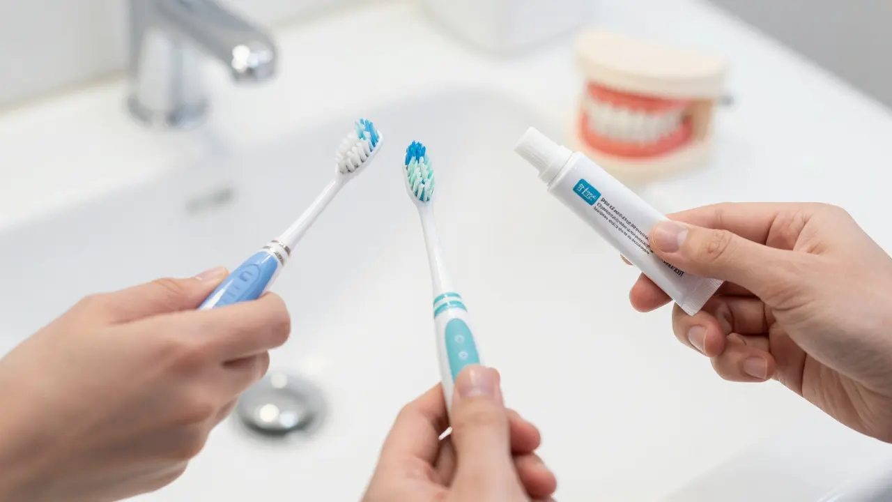 Profesionální nástroje pro péči o zuby během ortodoncie: elektrický kartáček, interdentalní kartáček a fluoridový gél.