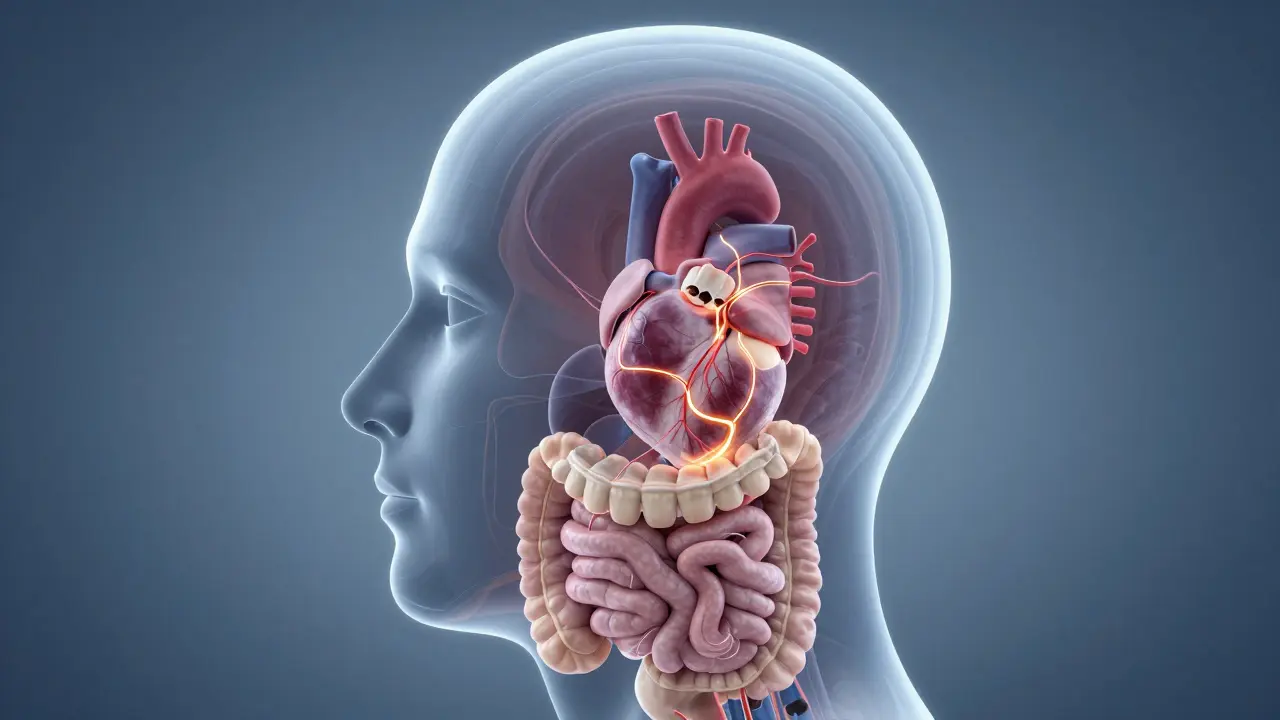 Průhledný pohled na vazbu mezi zuby a vnitřními orgány při jejich poškození.