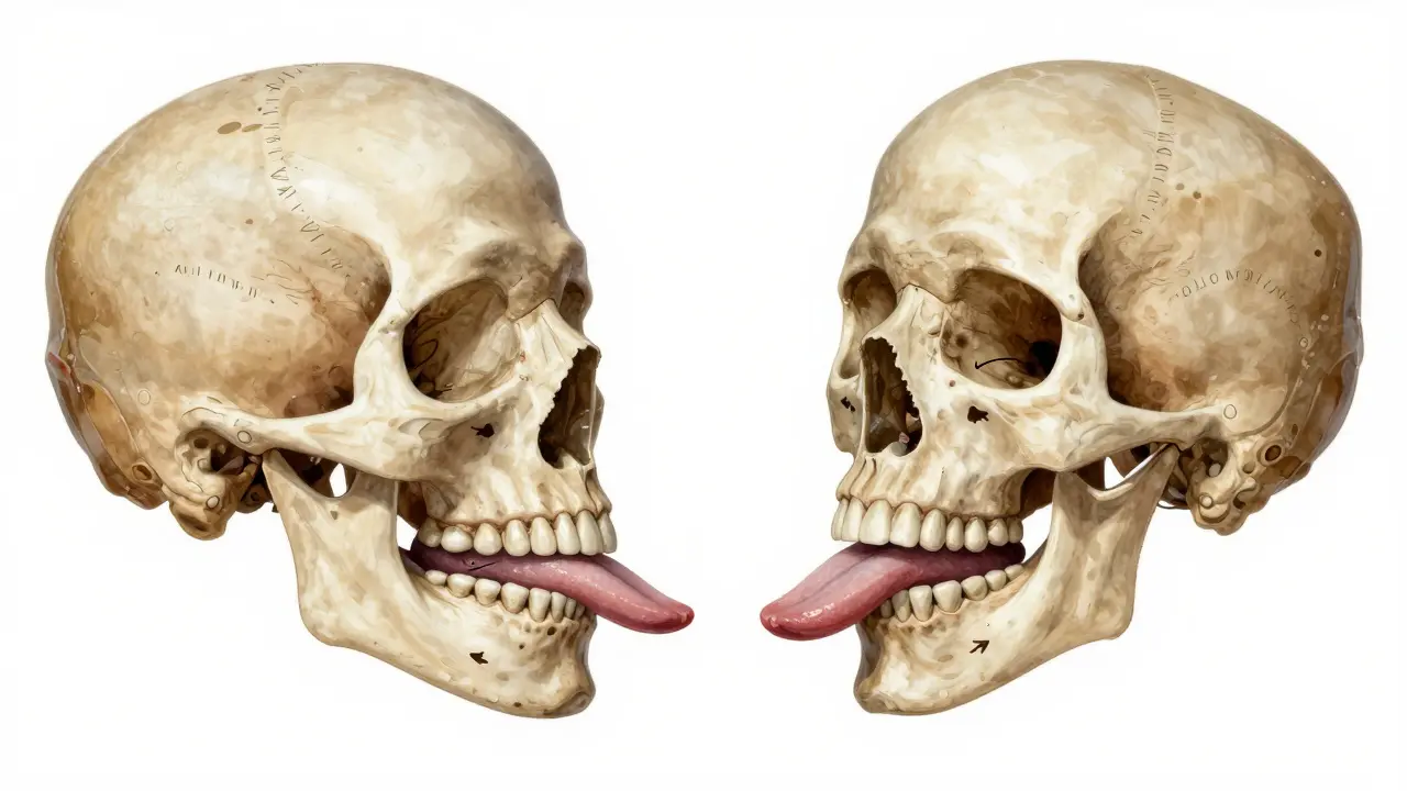 Srovnání ústních čelistí: úzká vs. široká čelist v důsledku různého žvýkání a dýchání.