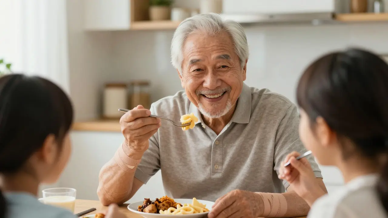 Starší muž se směje, když jí s rodinou, po operaci obnovil schopnost jíst a dýchat.