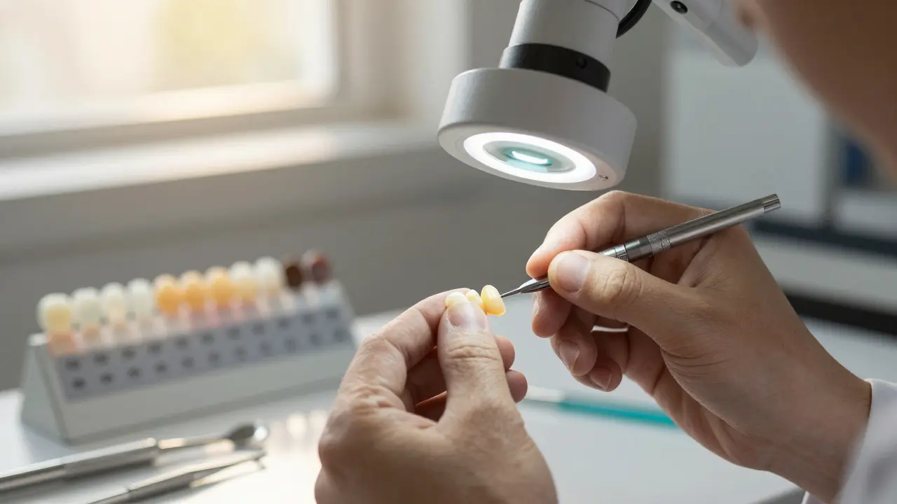 Technik v laboratoři při výrobě keramické korunky pod mikroskopem, detaily keramiky a odstínů.