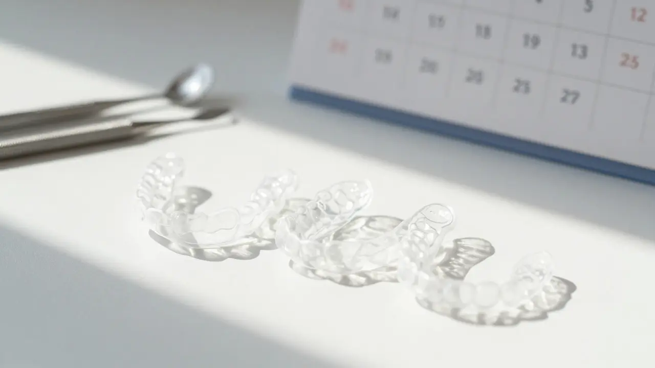 Tři průhledné šablony a udržovací retentor na bílém pozadí s jemným světlem a kalendářem.