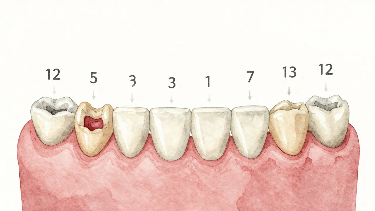 Vodová barva znázorňující pořadí vypadávání mléčných zubů od 5 do 12 let s orientačními šipkami.