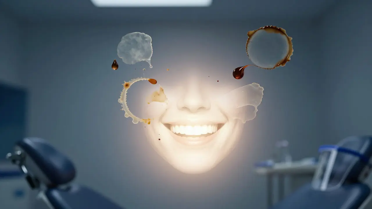 Zářivý úsměv s odstraněnými skvrnami od kávy a vína, symbolizující přirozené bělení.