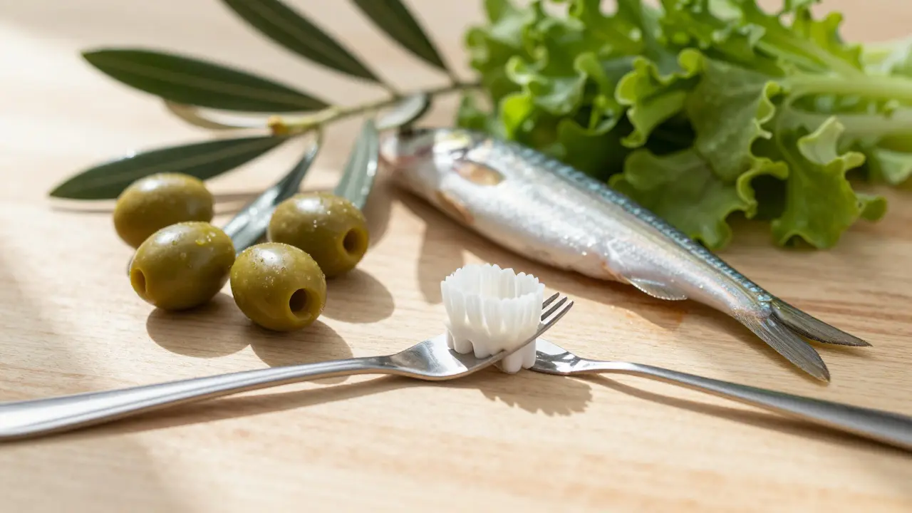 Zdravé jídlo a hygiena úst vedle sebe na stole.