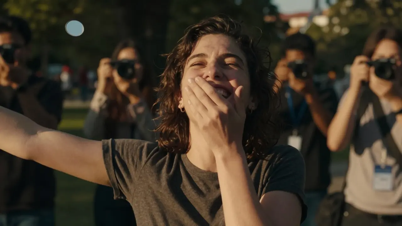 Žena směje se v slunečném parku, bez jakékoli náhrady, s volnou a přirozenou expresí.