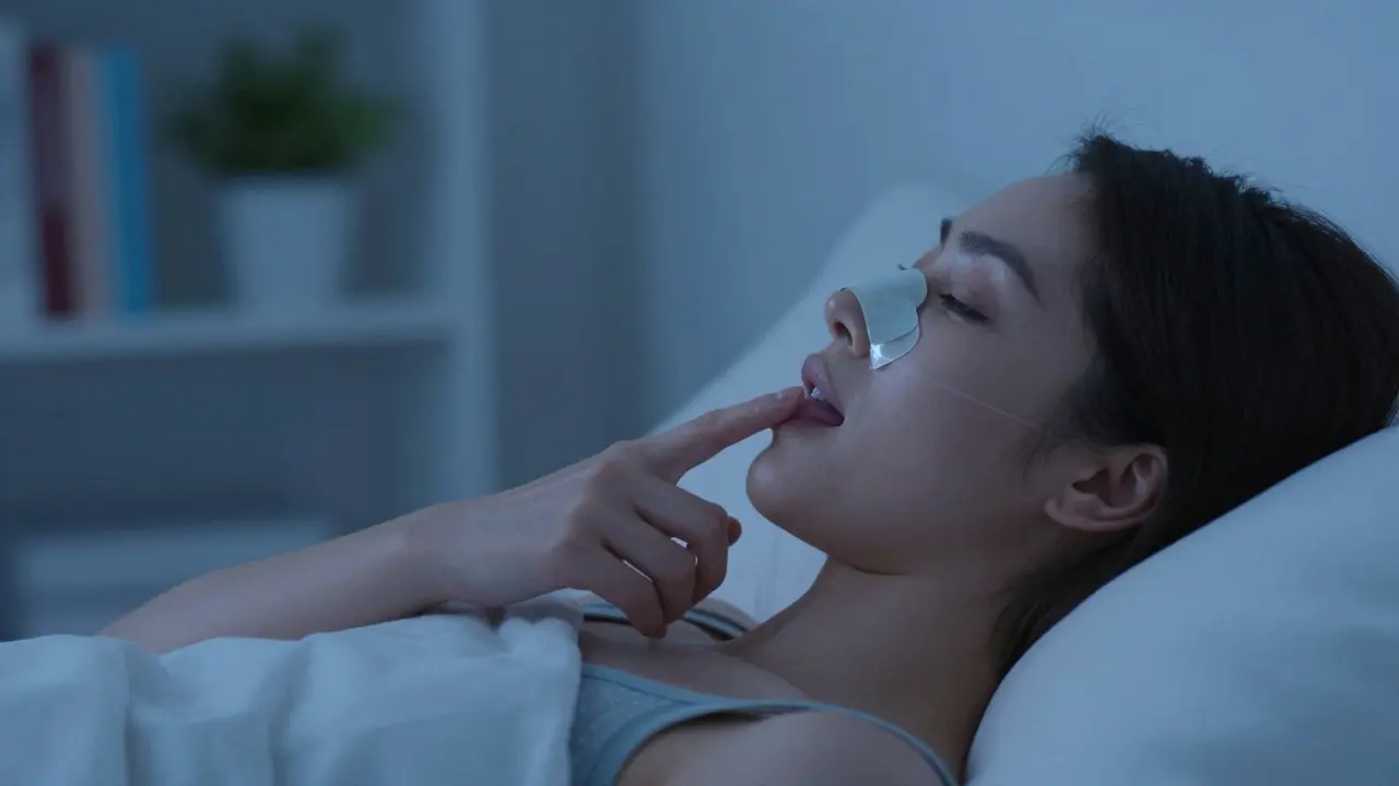 Žena ve spánku s páskou na nosu, tělo klidné, rty zavřené, jazyk v správné poloze.