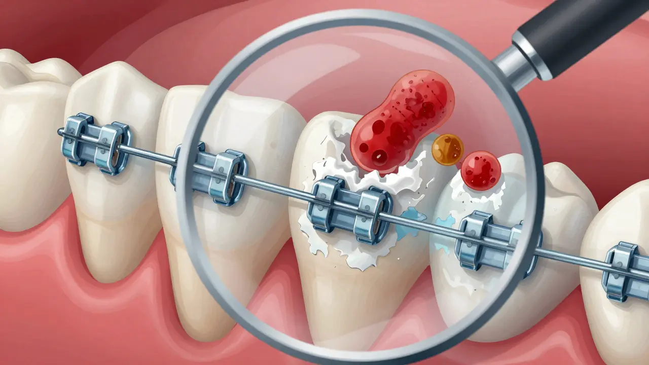 Zub pod mikroskopem s plakem kolem zámků a demineralizací sklovinky.
