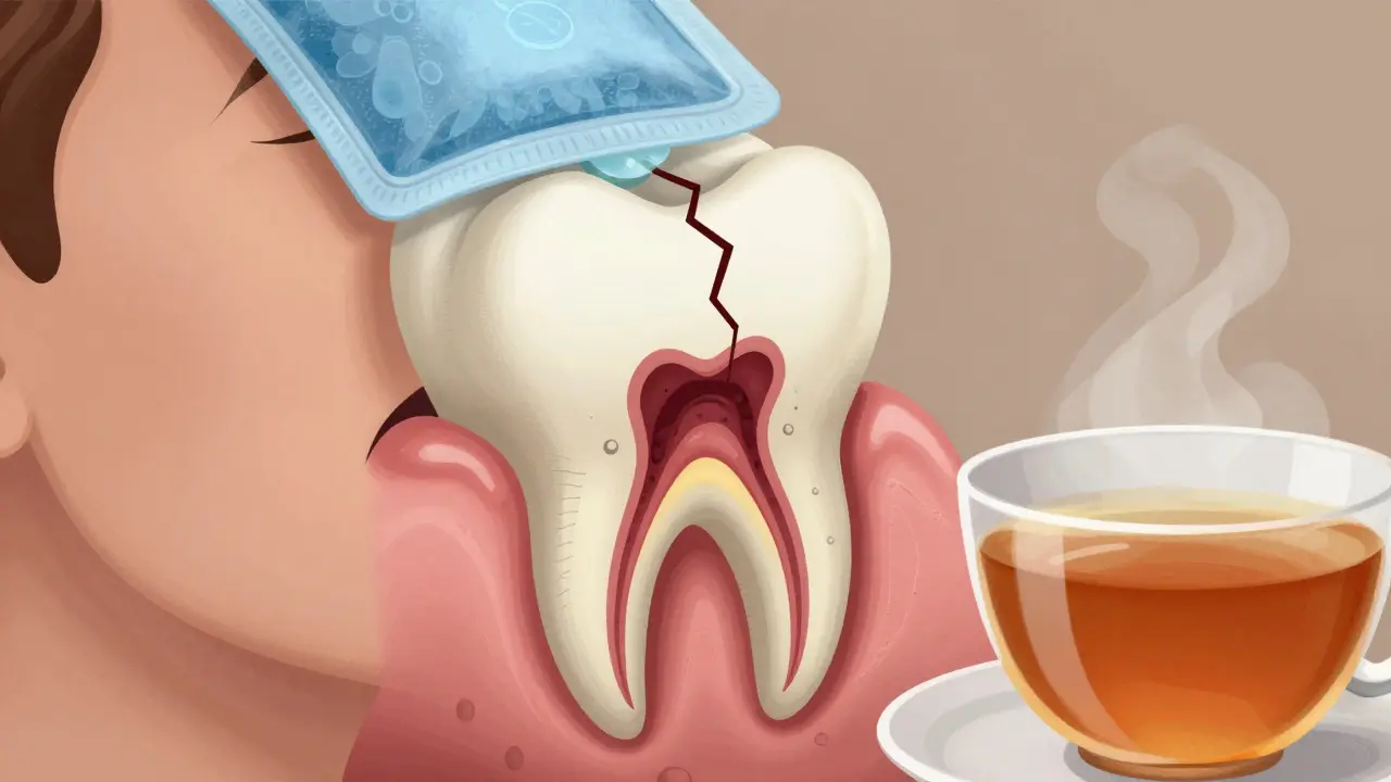Zub s viditelnou infekcí uvnitř, bakterie a chladný obklad na tváři, symbolická medicínská ilustrace.