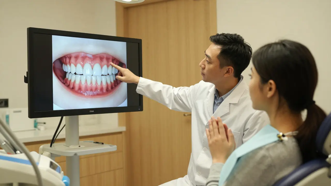 Zubní lékař ukazuje pacientovi na obrazovce před a po simulaci estetických fazet.