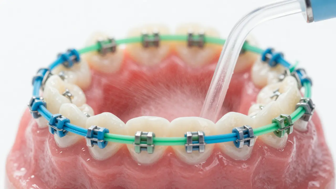 Zvětšený pohled na barevné ortodontické gumičky na kovovém drátu s mlžící vodou.