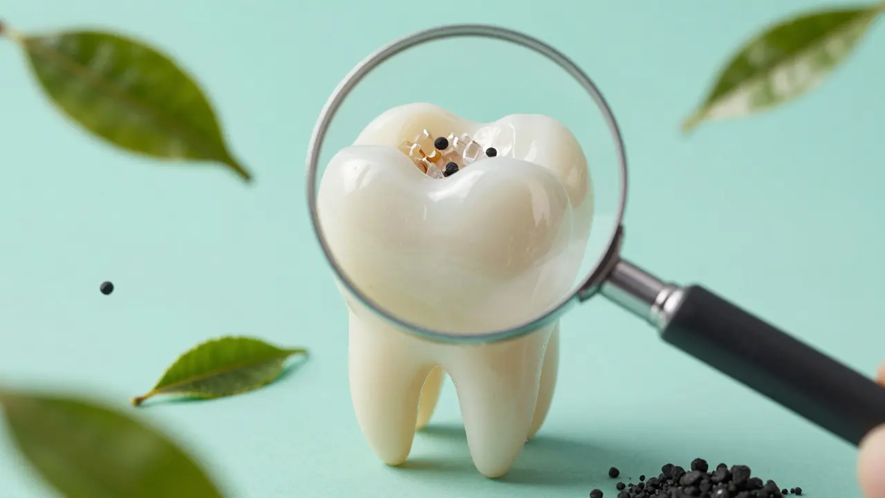 Zvětšený pohled na zubní email s krystaly hydroxyapatitu a přírodními látkami kolem.