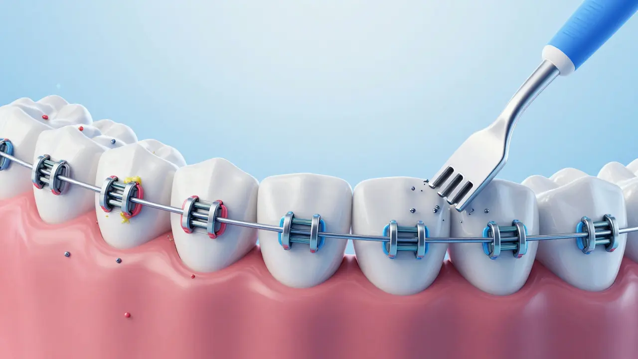 3D ilustrace čištění mezizubního prostoru pod drátkem rovnátka.