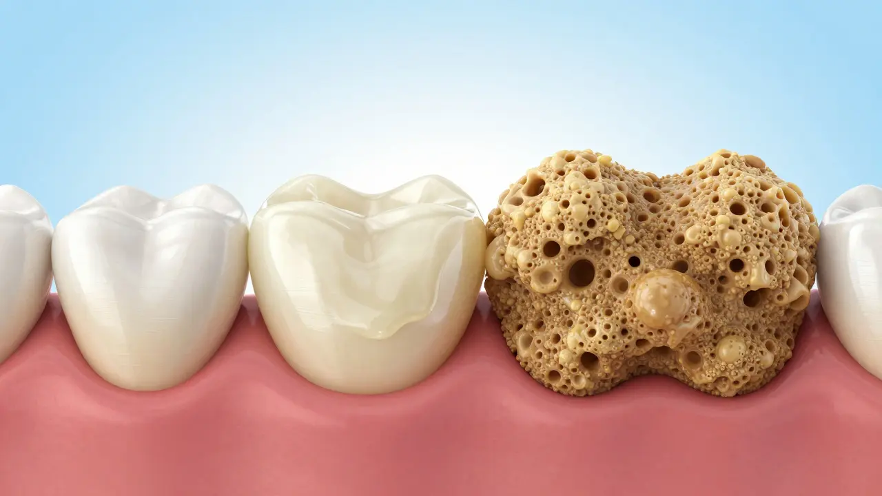 3D ilustrace znázornující přeměnu měkkého zubního plaku v tvrdý zubní kámen.