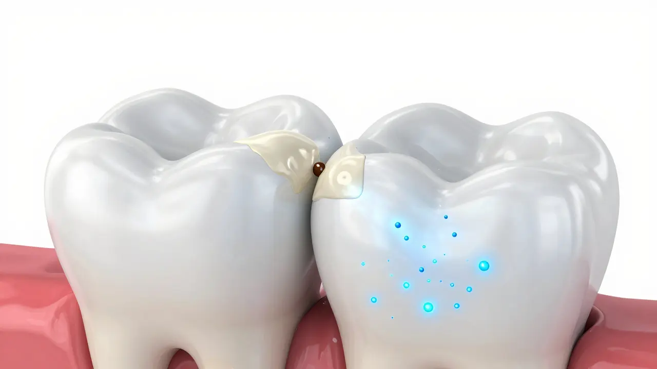 3D ilustrace zubařského kazu a procesu remineralizace skloviny.