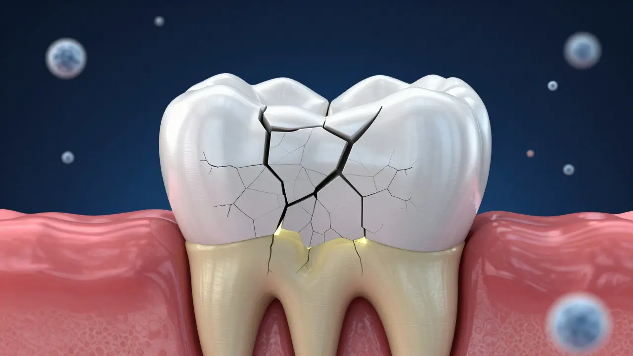 3D vizualizace prasklé zubní skloviny a odhalené vrstvy dentinu.