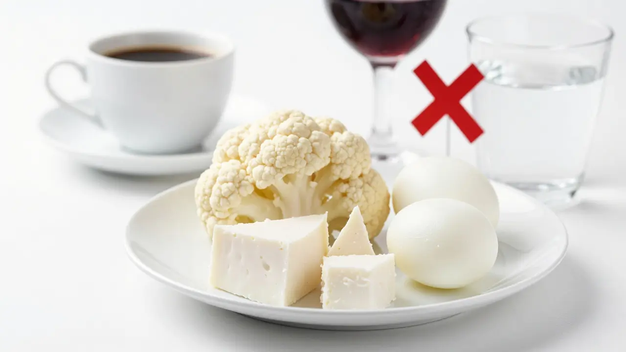 Bílá strava zahrnující květák a sýr pro udržení bílosti zubů po bělení.