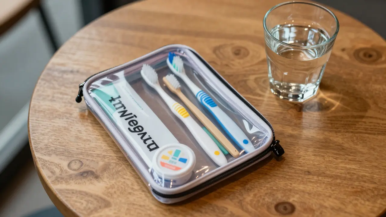 Cestovní hygienický set pro uživatele rovnátek na stole v kavárně.