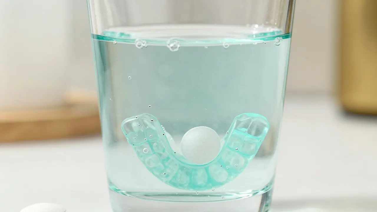 Čištění nasazovací protézy v poháru s bublající čistící tabletou.