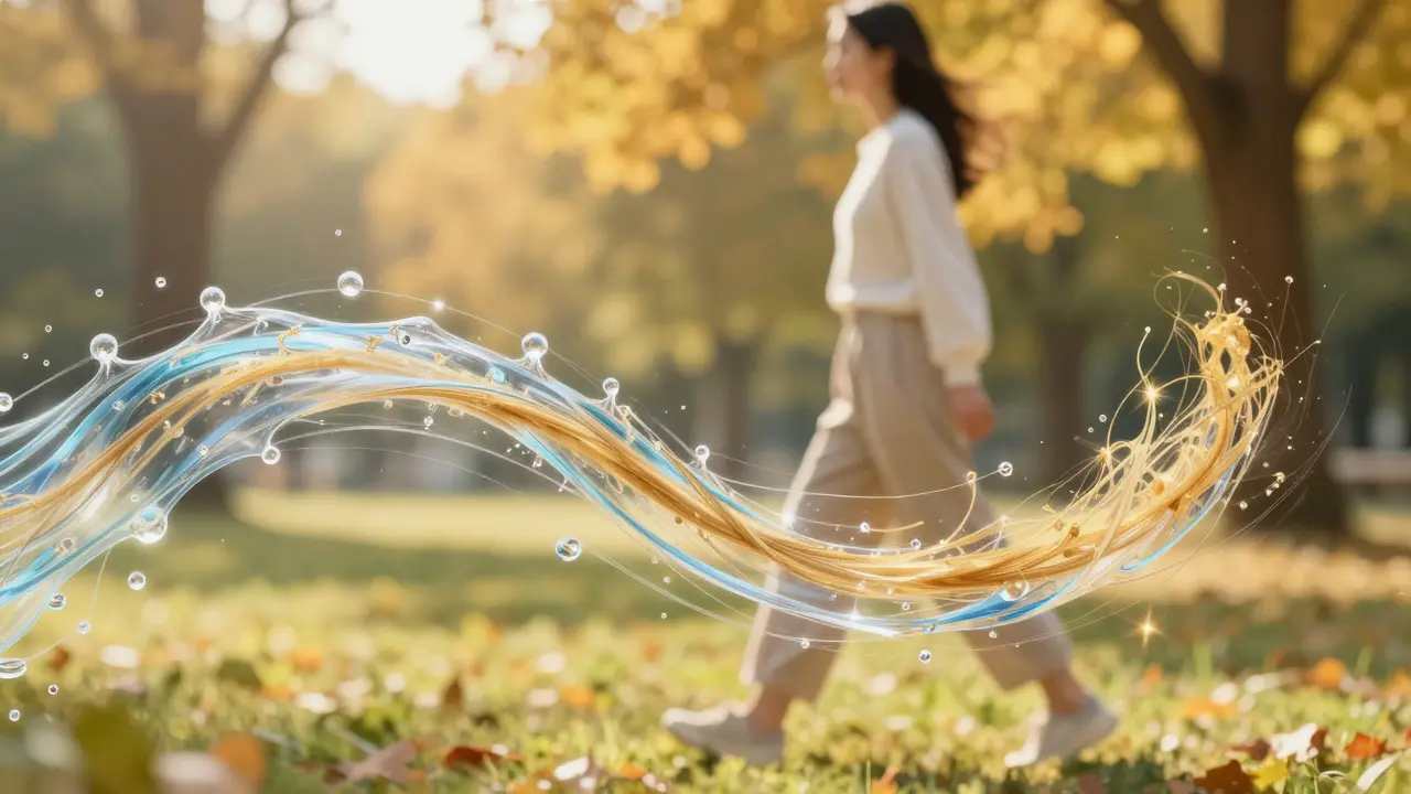 Člověk na procházce v parku s abstraktním symbolem hladkého trávení.