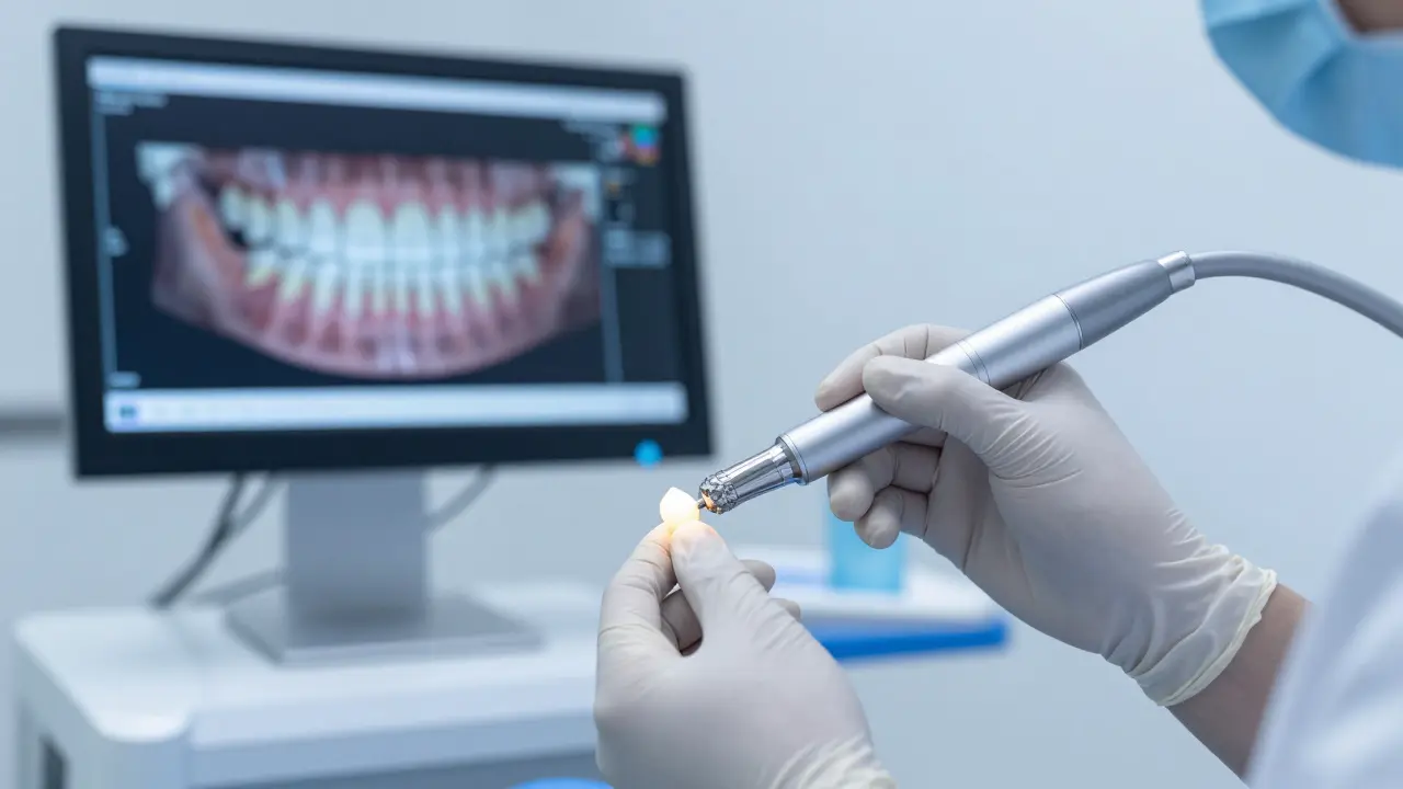 Dentista provádí precizní broušení zubu pomocí moderního vybavení.