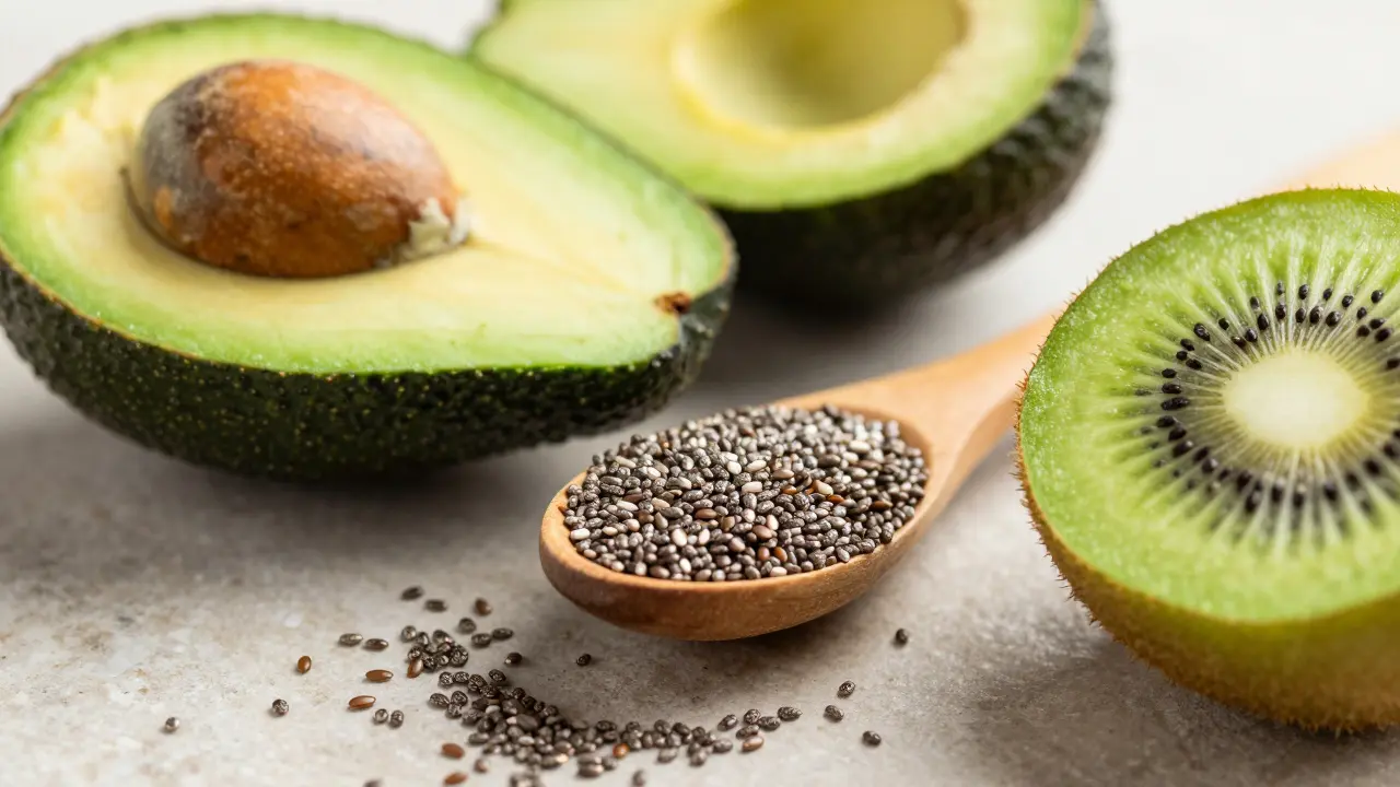 Detail avokáda, chia semínek a nakrájeného kiwi na kameni.