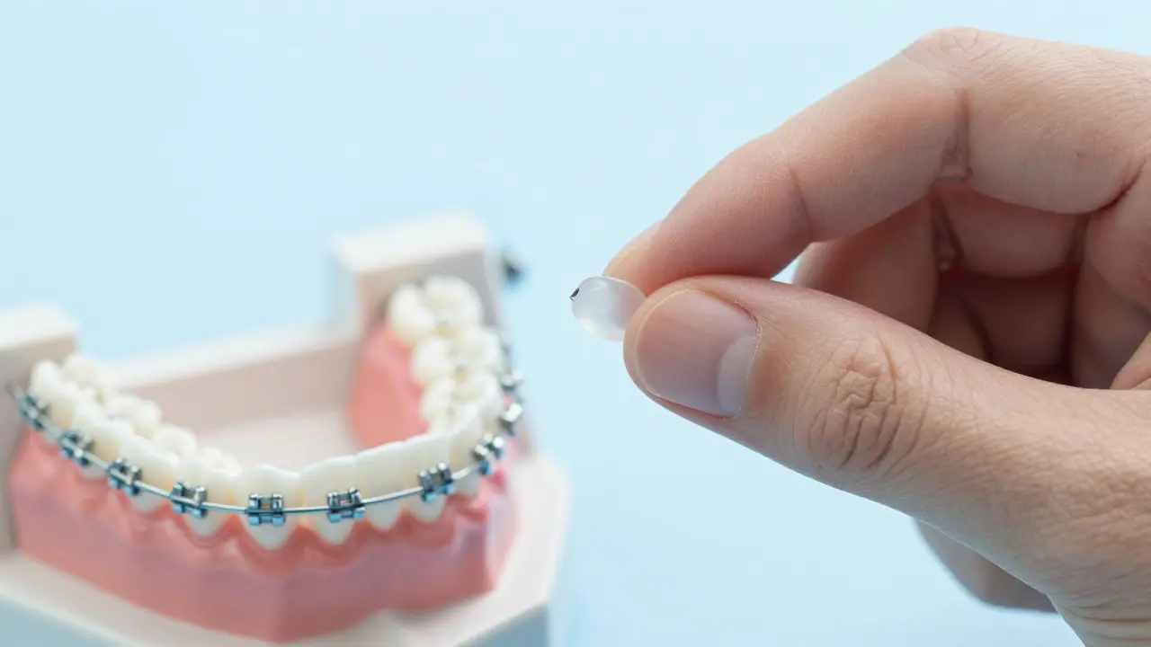 Detail ruky připravující kuličku ortodontického vosku pro ochranu dásní.