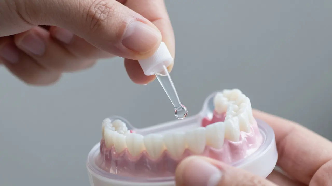 Detailní aplikace bělícího gelu do průhledné zubní formy.