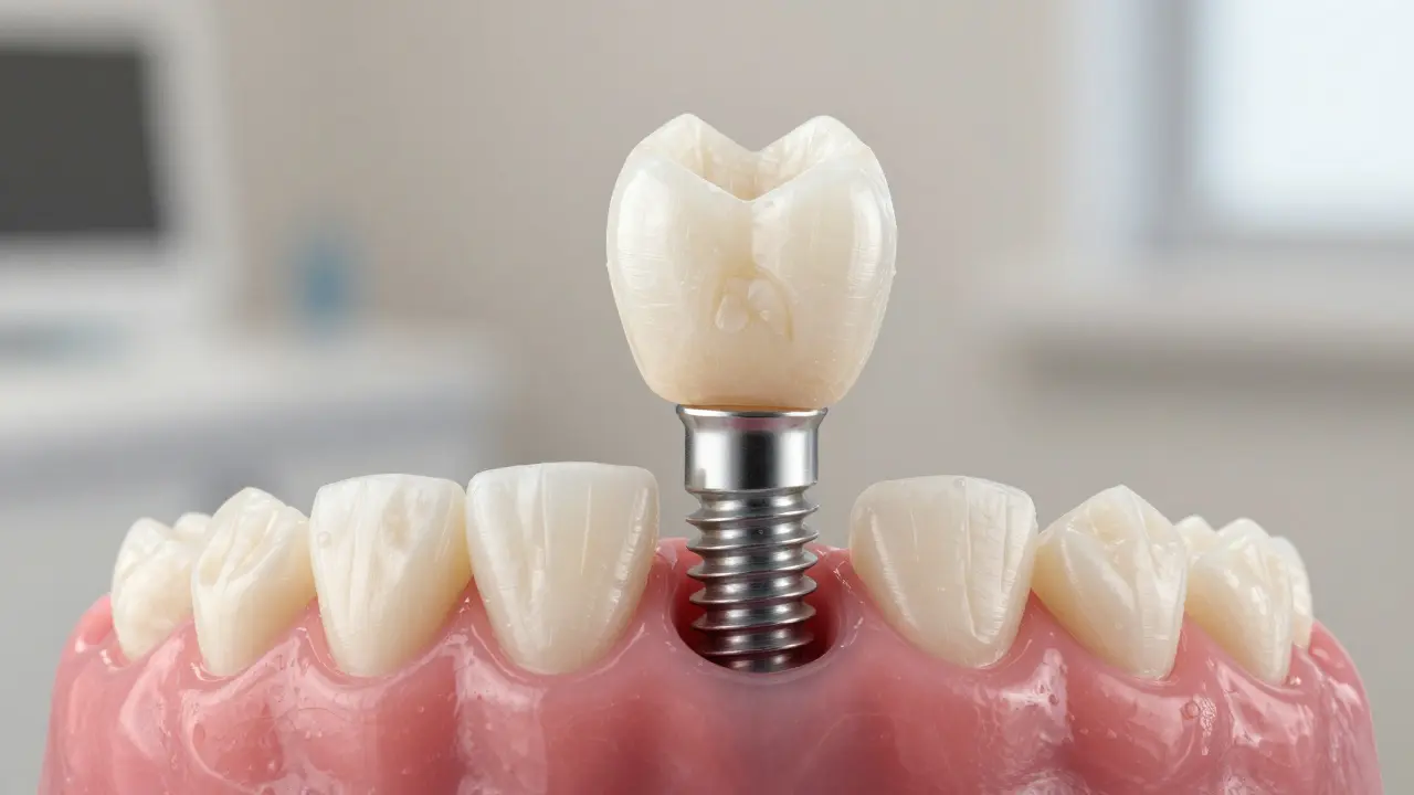 Detailní pohled na dentální implantát s titanovým šroubem a keramickou korunkou.