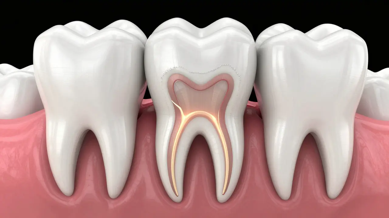 Konceptuální 3D model předního zubu s vyznačenými nervy a sklovina.