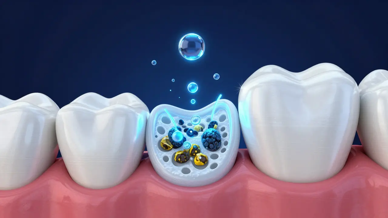 Konceptuální 3D vizualizace procesu bělení zubů pomocí modrého světla a gelu.
