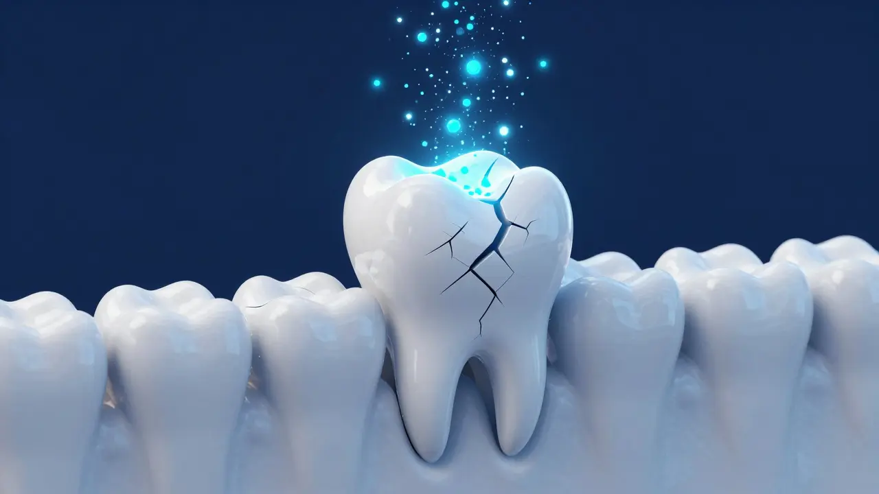 Konceptuální ilustrace remineralizace zubu pomocí minerálů.